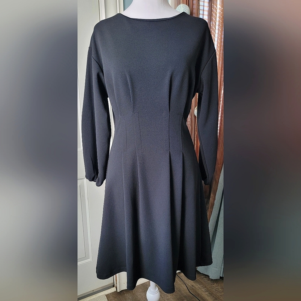 Mango Suits Midi Dress Women's 4 Black Fit n Flare 3/4 Dolman Puff Sleeve Strech